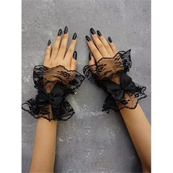 Women's Floral Lace Bow Front Short Wrist Cuff Wedding Wrist Length - Picture 2 of 5